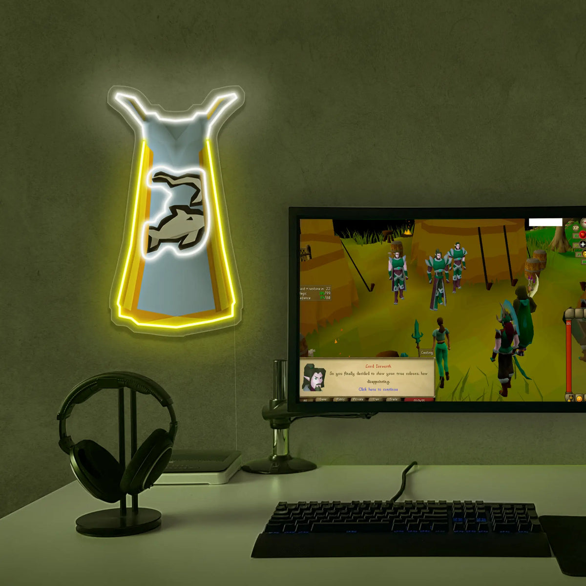 OSRS Fishing Cape LED neon sign mounted above gaming PC – RuneScape desk setup decor