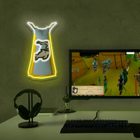 OSRS Fishing Cape LED neon sign mounted above gaming PC – RuneScape desk setup decor