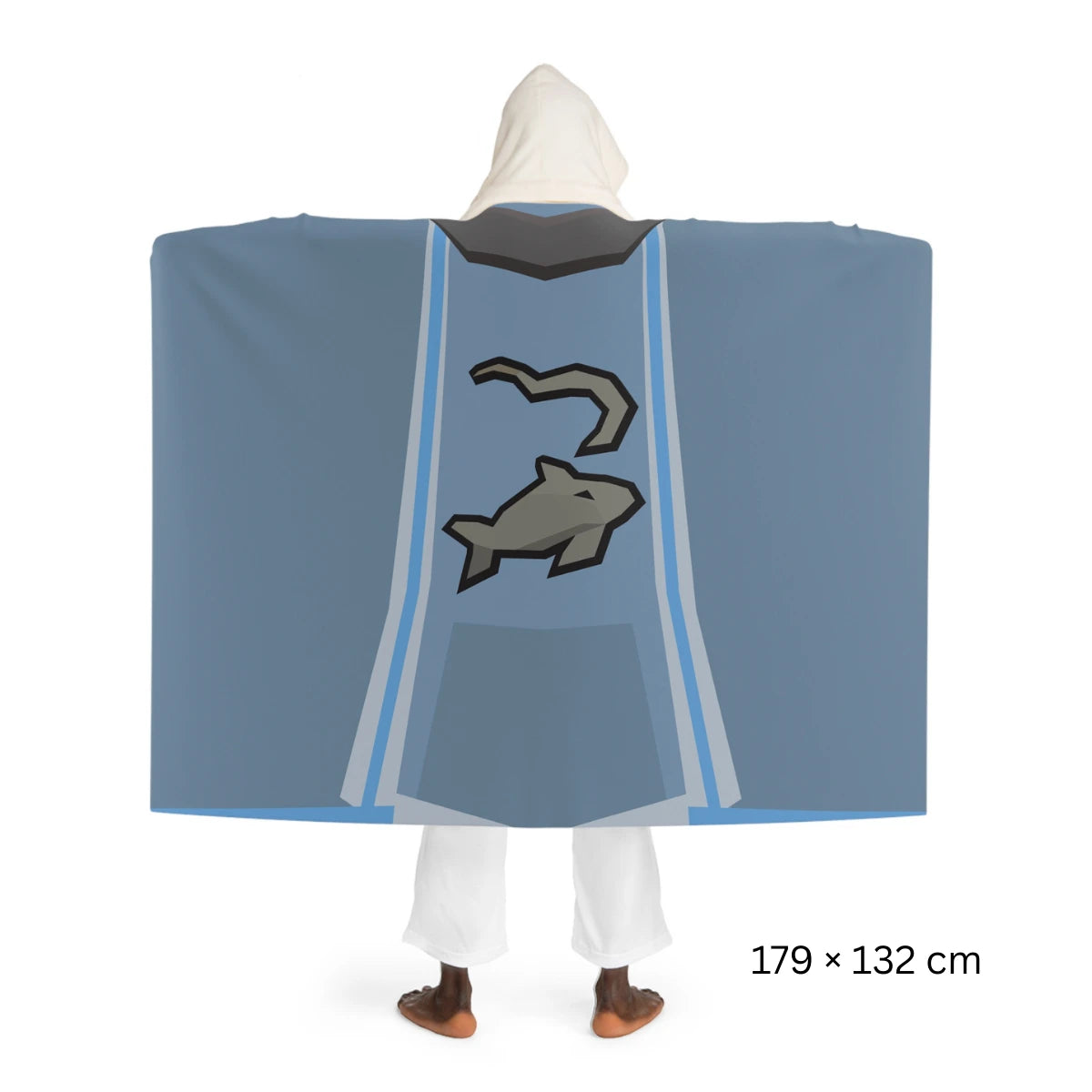 Back view of an fishing skillcape inspired hooded sherpa fleece blanket, featuring an Old School RuneScape design, a cozy OSRS merch piece and perfect gift for gamers