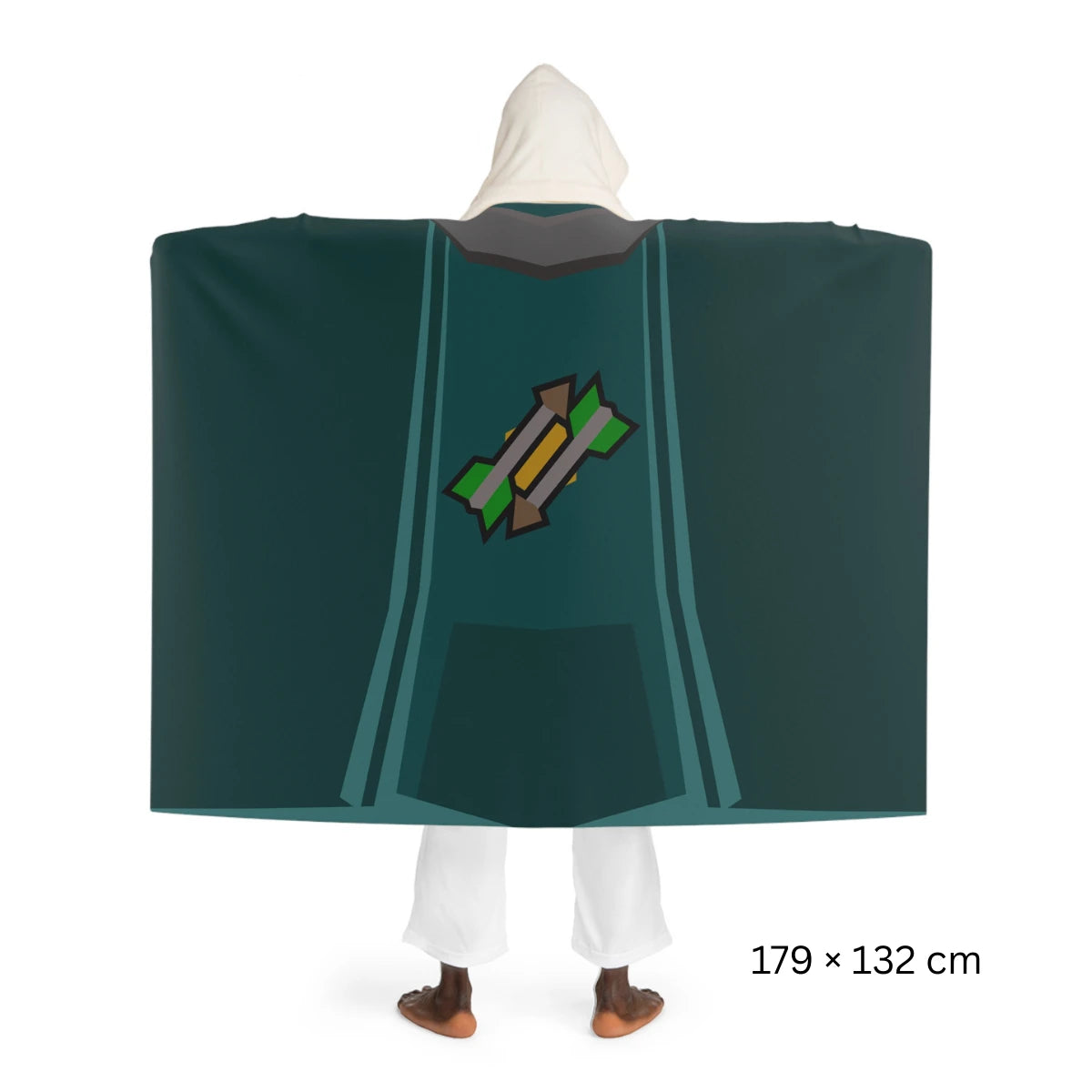 Back view of a Fletching skillcape hooded sherpa fleece blanket, inspired by Old School RuneScape, a soft OSRS merch blanket and a great gift for gamers