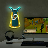 OSRS Fletching Skillcape LED neon sign mounted above gaming PC – RuneScape desk setup decor