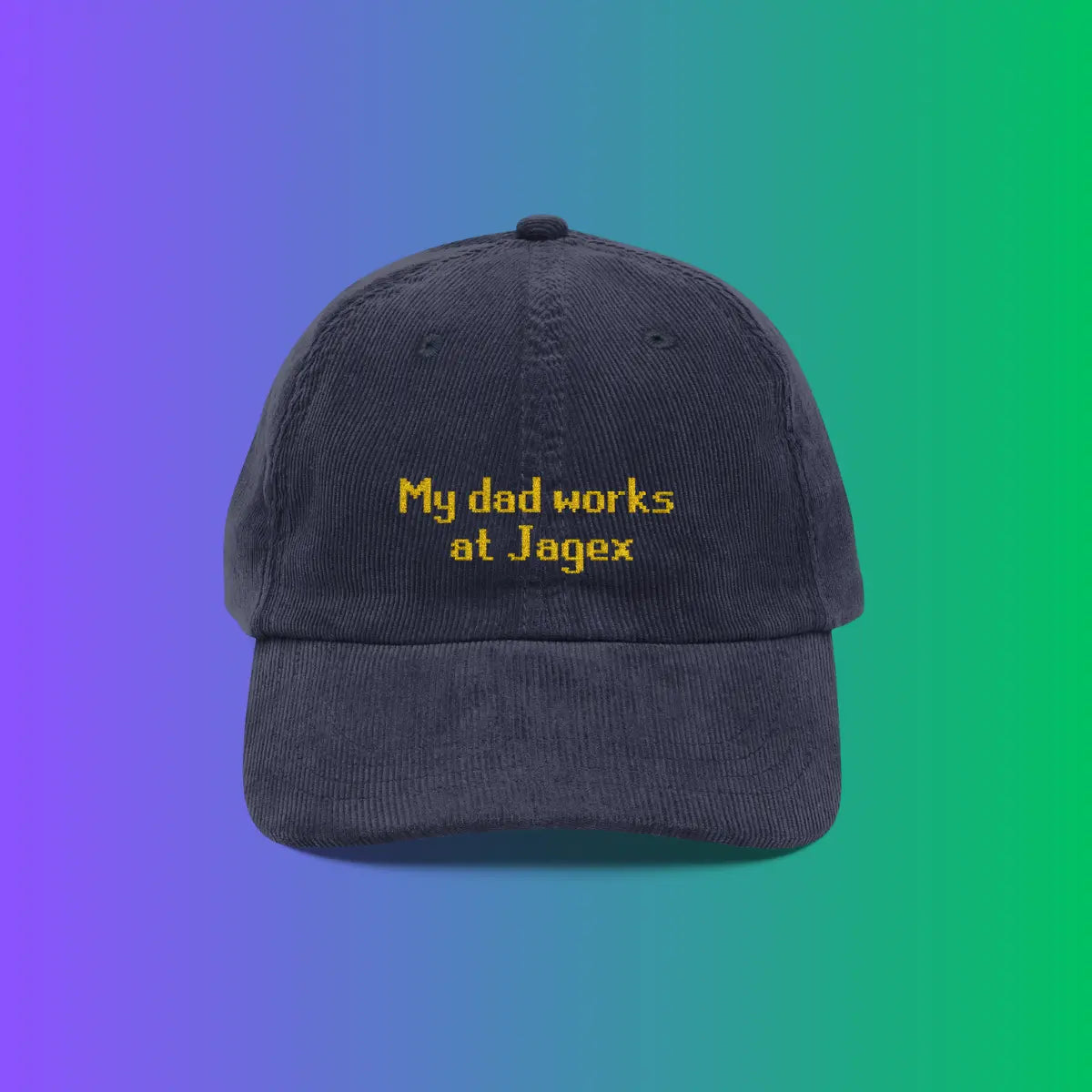 Navy corduroy OSRS cap with “my dad works at jagex” embroidery, inspired by classic RuneScape player jokes.