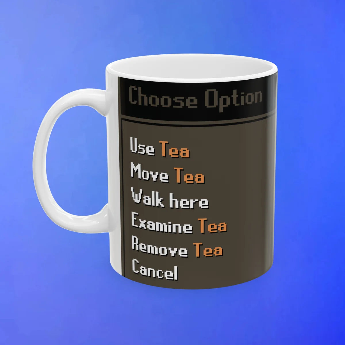 Funny tea mug featuring an OSRS inspired design from Old School RuneScape, a playful merch mug and a great gift for fans
