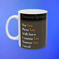 Funny tea mug featuring an OSRS inspired design from Old School RuneScape, a playful merch mug and a great gift for fans