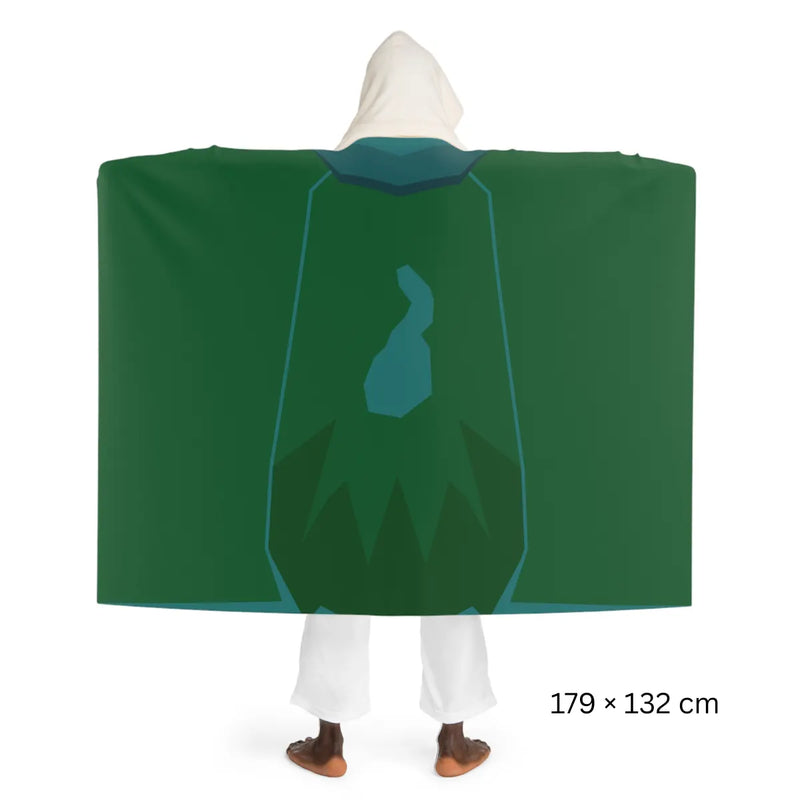 Back view of a Guthix symbol hooded sherpa fleece blanket, OSRS inspired Old School RuneScape merch blanket and a balanced themed gift