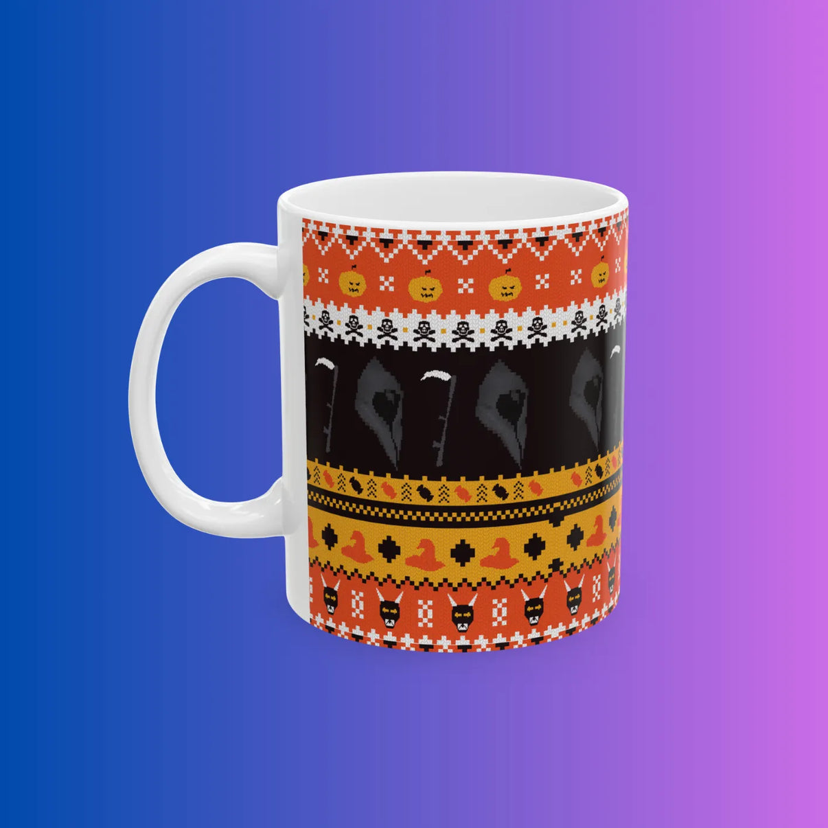 Coffee mug with Halloween themed OSRS design shown from front, Old School RuneScape merch drinkware and a festive gift for gamers