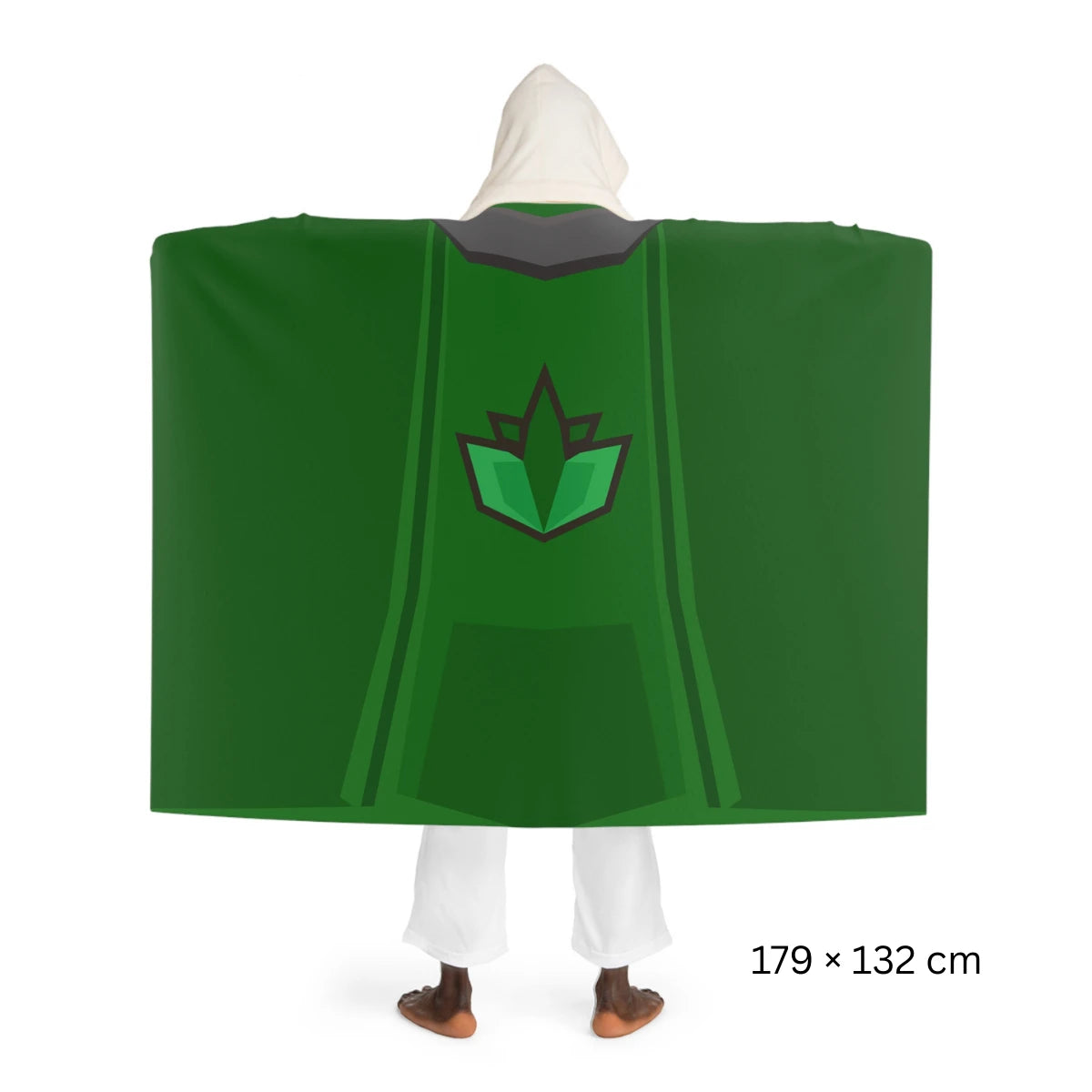 Back view of a Herblore skillcape hooded sherpa fleece blanket, inspired by Old School RuneScape, a cozy OSRS merch blanket and a perfect gift for gamers