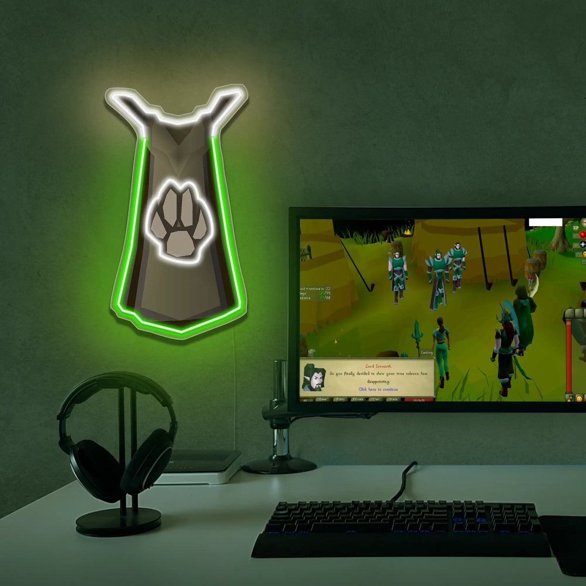 OSRS Hunter Skillcape LED neon sign mounted above gaming PC – RuneScape desk setup decor
