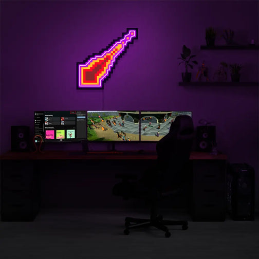 Illuminate your gaming setup with the OSRS Magic Protect LED neon sign mounted above a gaming PC. The iconic Magic Protect symbol symbolizes the mystical defense abilities of wizards in Old School RuneScape. A perfect addition to the room, this LED neon sign enhances the ambiance for RS enthusiasts.