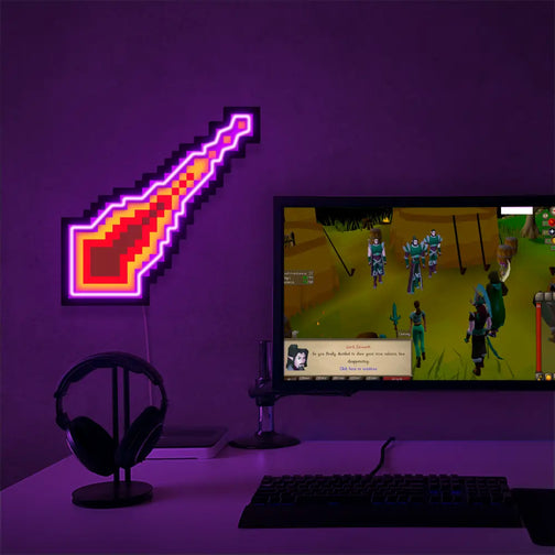The OSRS Magic Protect LED neon sign proudly sits next to a gaming PC, symbolizing the arcane defense capabilities of wizards in Old School RuneScape. An emblem of protection and mysticism, this LED neon sign adds a touch of magic and security to any gaming space.
