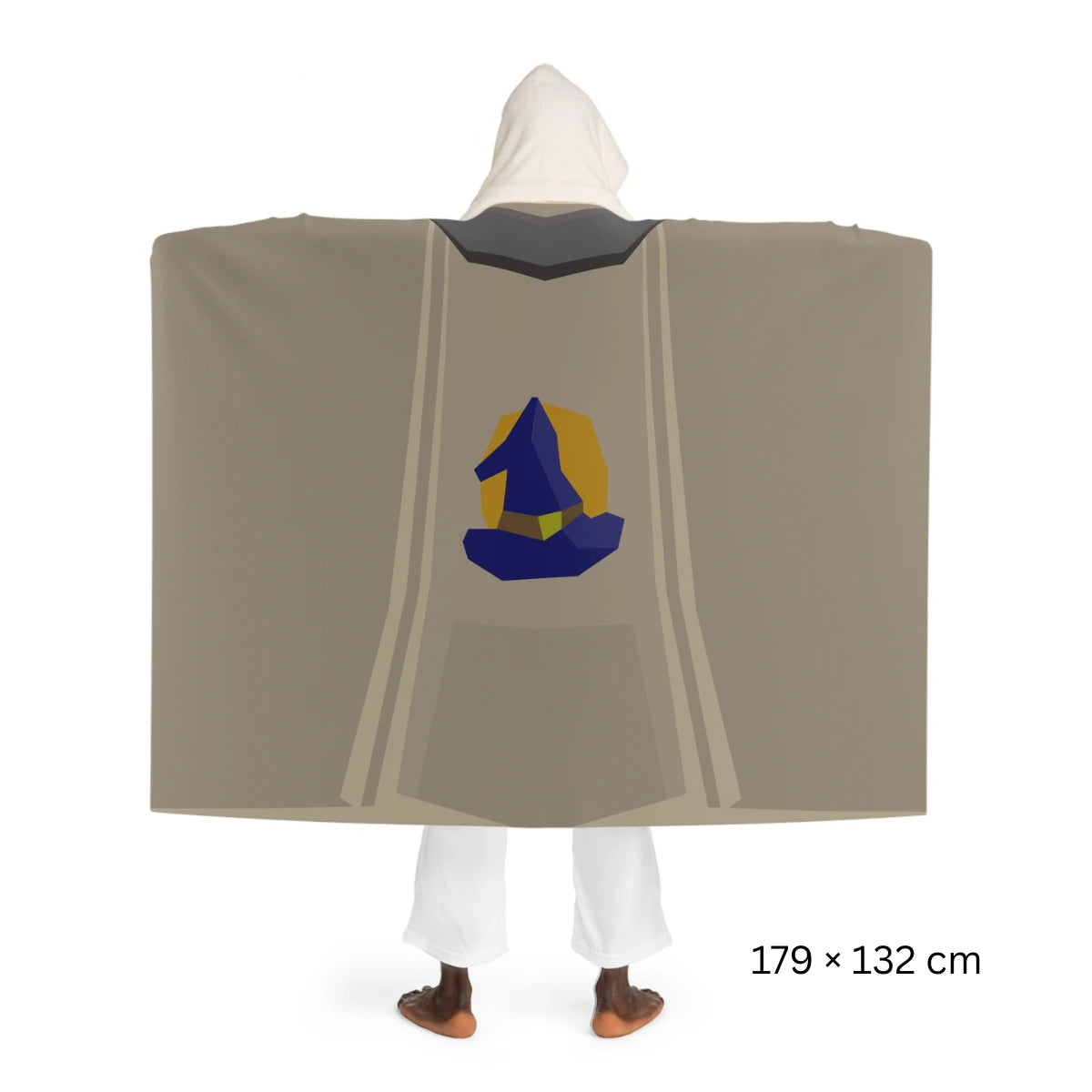 Back view of a Magic skillcape hooded sherpa fleece blanket, inspired by Old School RuneScape, a cozy OSRS merch blanket and a perfect gift for gamers
