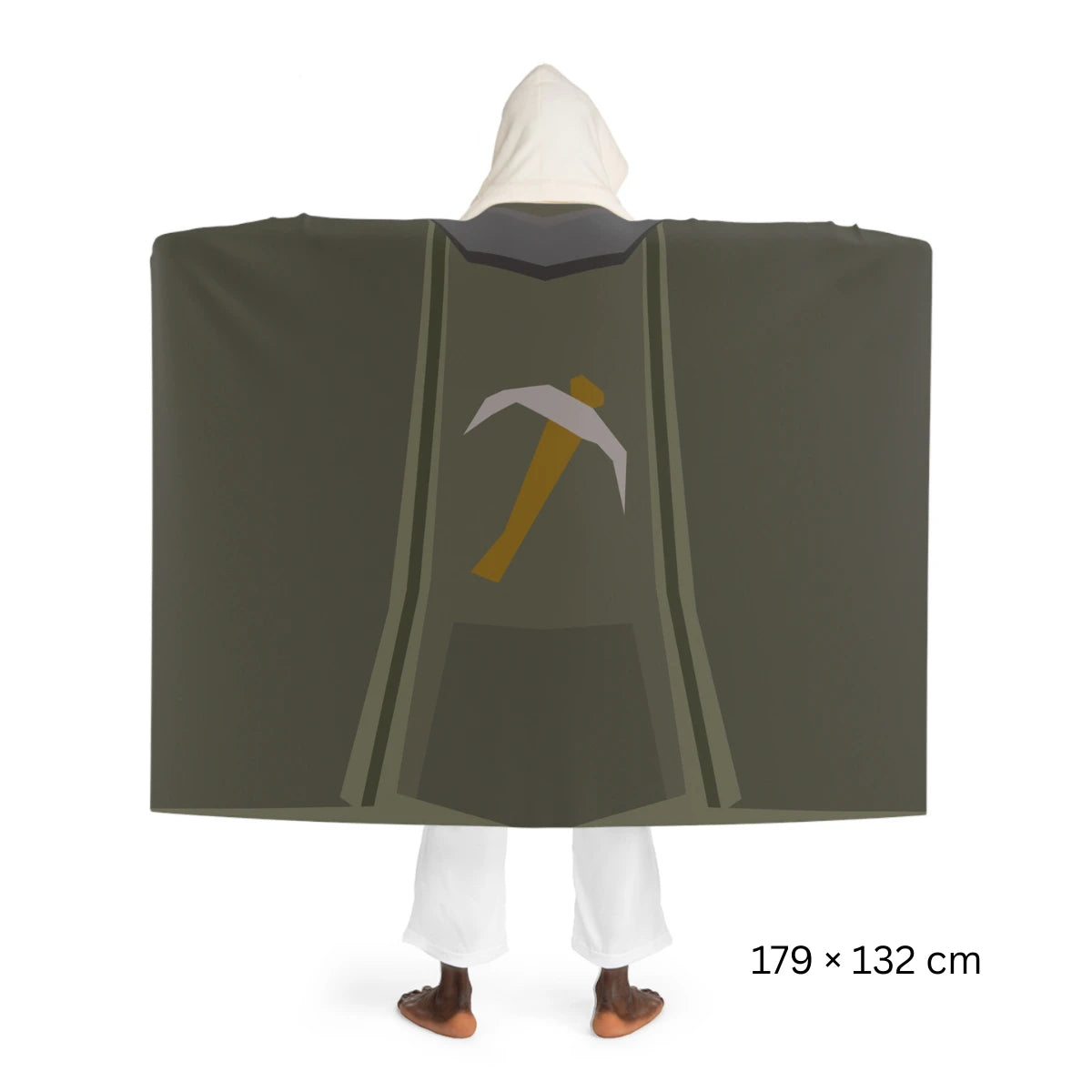 Back view of a Mining skillcape hooded sherpa fleece blanket, inspired by Old School RuneScape, a soft OSRS merch blanket and a great gift for gamers