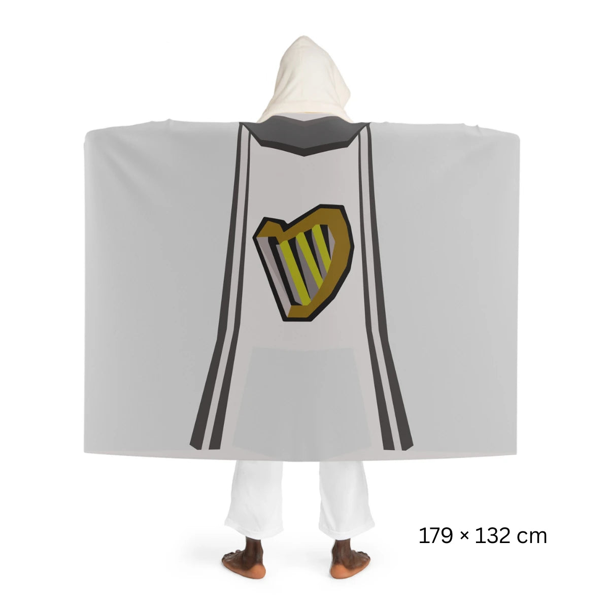 Back view of a Music skillcape hooded sherpa fleece blanket, inspired by Old School RuneScape, a cozy OSRS merch blanket and a unique gift for gamers