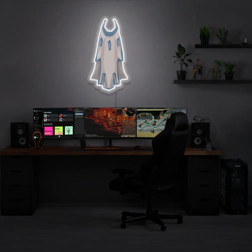Runescape Mythical Max Cape LED Neon sign displayed prominently above a gaming setup, adding a striking visual. An exceptional gift for Old School Runescape (OSRS) enthusiasts who love to showcase their passion.