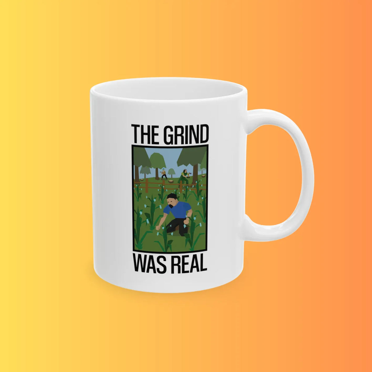 Coffee mug with the grind was real OSRS design shown from front, Old School RuneScape merch drinkware and a nostalgic gift for gamers