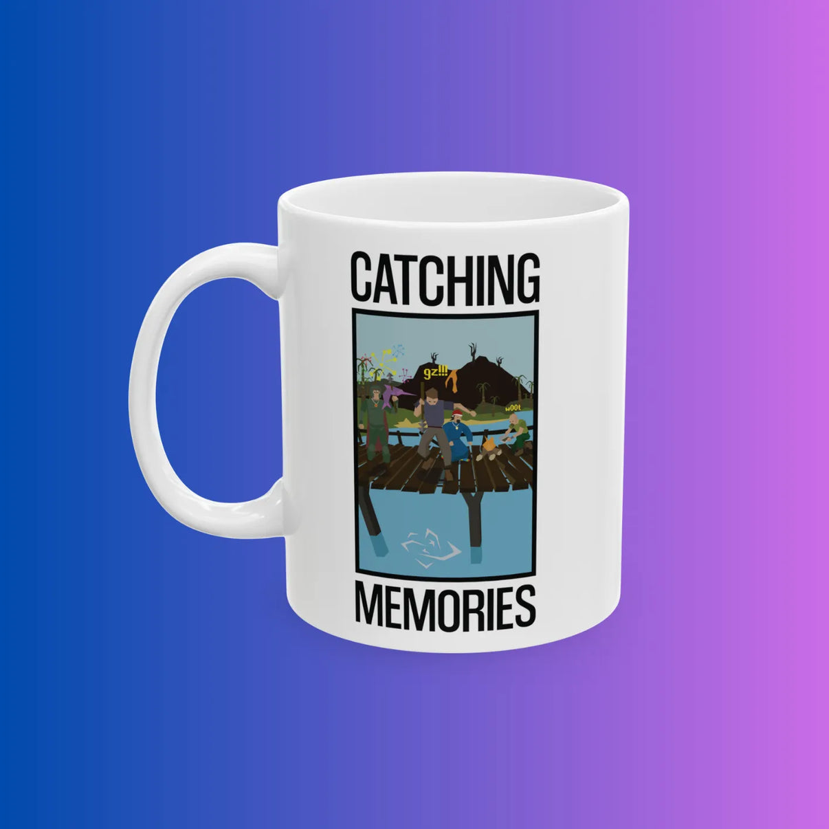 Coffee mug with catching memories OSRS design shown from front angle, Old School RuneScape merch drinkware and a nostalgic gift for gamers