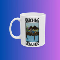 Coffee mug with catching memories OSRS design shown from front angle, Old School RuneScape merch drinkware and a nostalgic gift for gamers