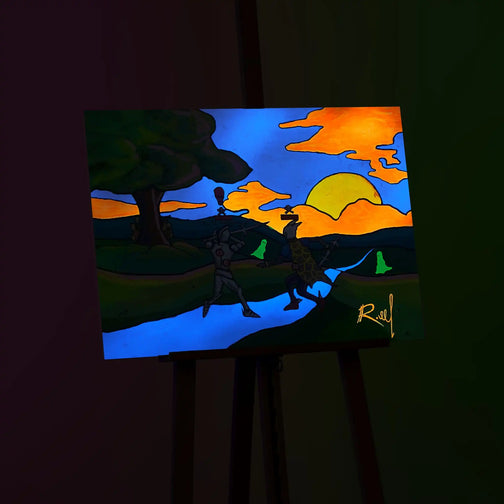 Glow-in-the-dark OSRS PVP zone and Looters behind the tree painting on canvas. Ethereal glow revealing intricate details. Runescape meets art in this captivating piece.