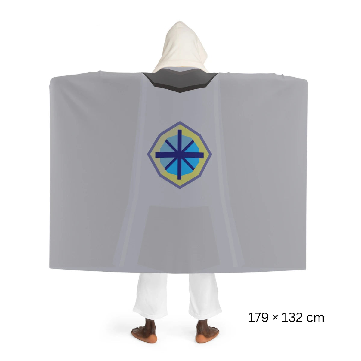 Back view of a Quest skillcape hooded sherpa fleece blanket, inspired by Old School RuneScape, a cozy OSRS merch blanket and a meaningful gift for gamers