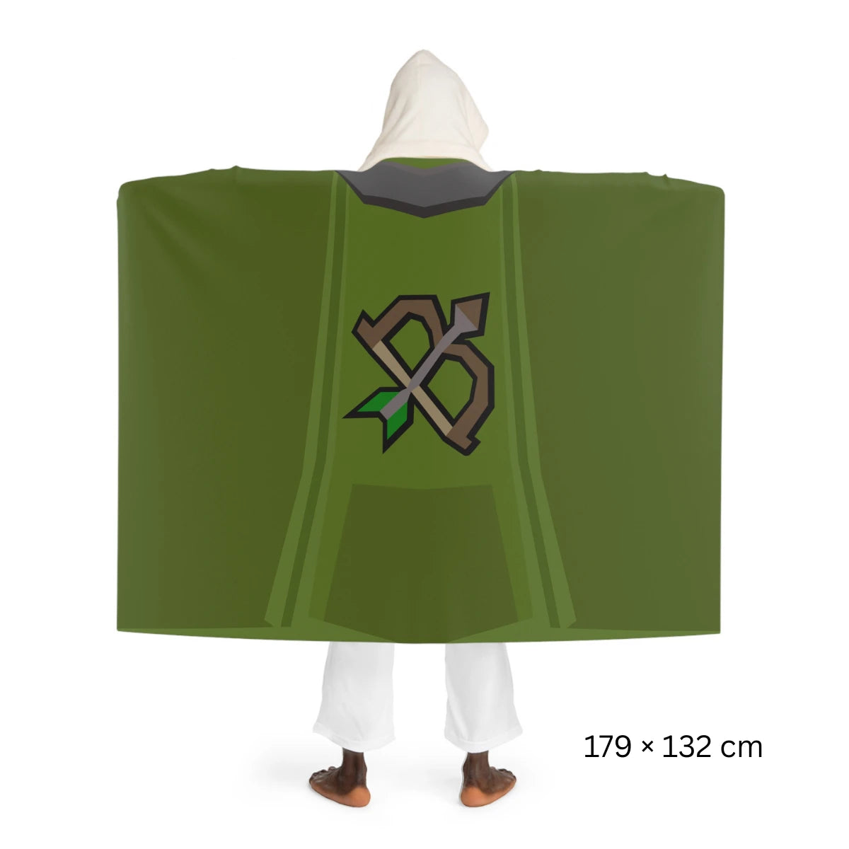 Back view of a Ranged skillcape hooded sherpa fleece blanket, inspired by Old School RuneScape, a cozy OSRS merch blanket and a great gift for gamers