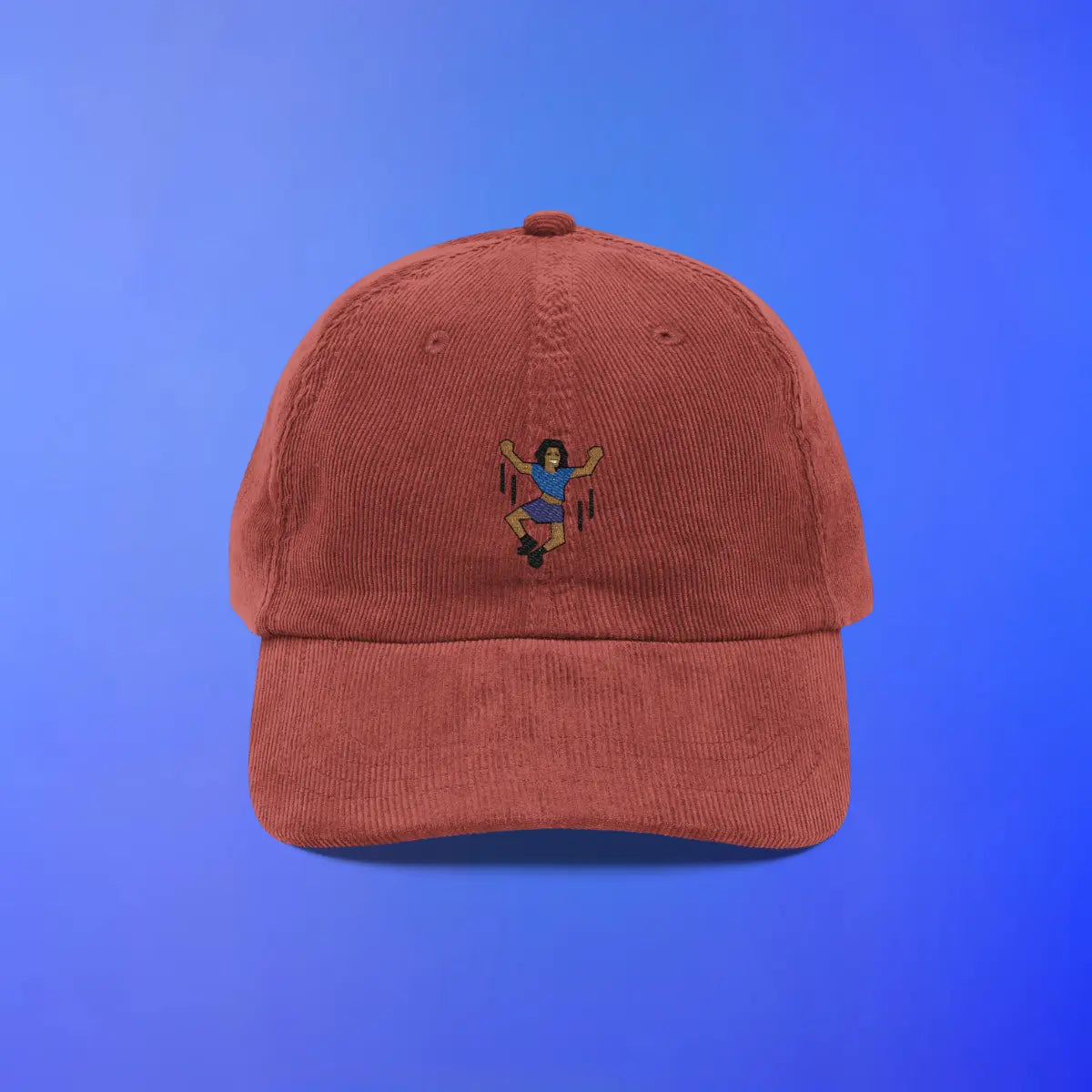 Red corduroy cap featuring OSRS inspired emote embroidery, Old School RuneScape merch cap and a bold gift idea
