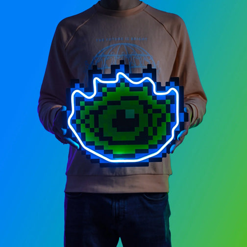 A person proudly displays the OSRS Rigour LED neon sign, featuring the iconic Rigour prayer icon from the game. This LED neon sign symbolizes the strength and power of the Rigour prayer in Old School RuneScape. A symbol of precision and prowess, it adds a touch of determination to any gaming space.