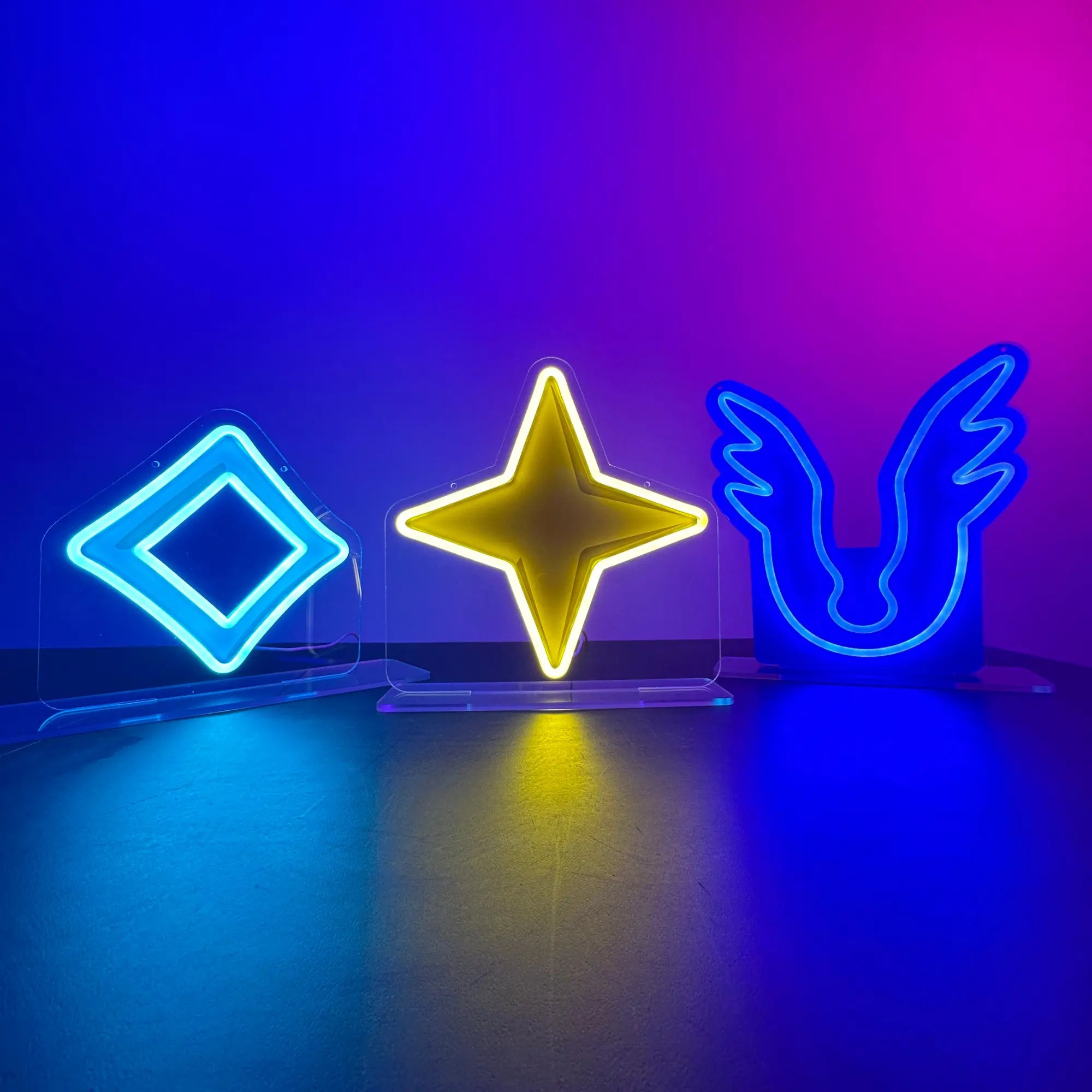 God symbols showcasing, Seren, Armadyl and Saradomin LED Neon signs.