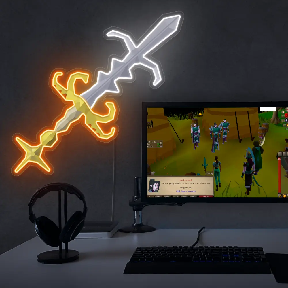 RuneScape Sgs Godsword LED neon sign next to gaming PC – OSRS setup wall decor