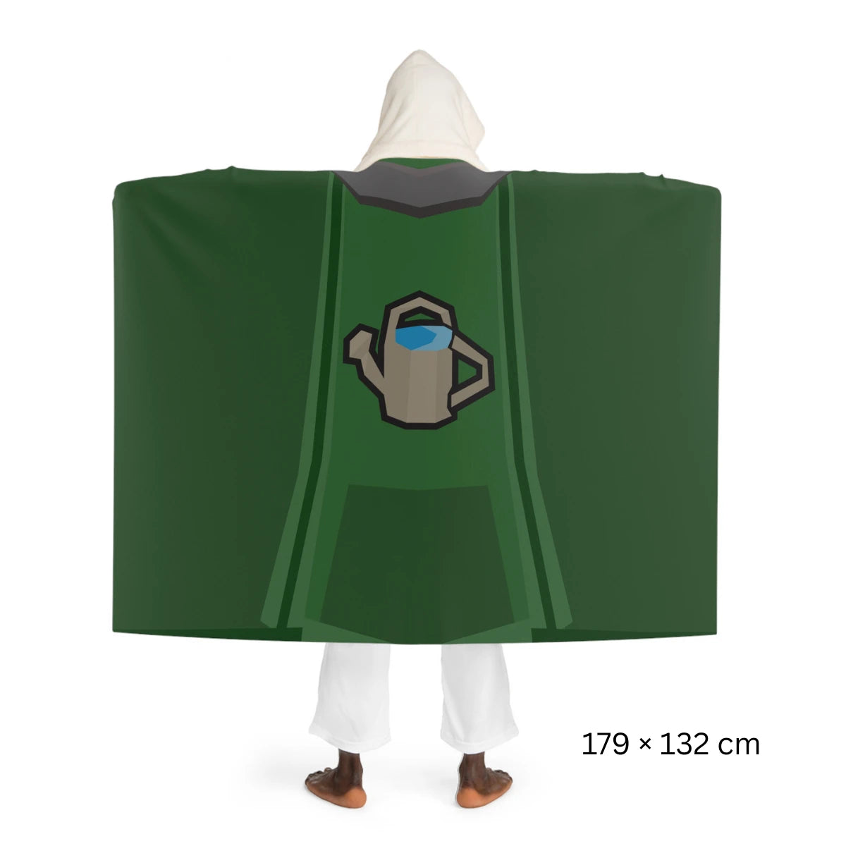 Back view of a Farming skillcape hooded sherpa fleece blanket, inspired by Old School RuneScape, a soft OSRS merch blanket and a cozy gift for gamers