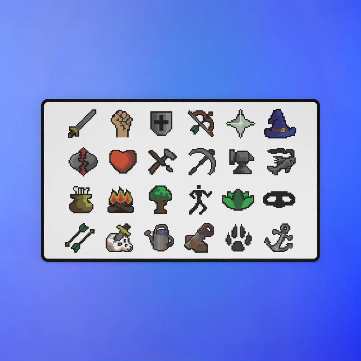 Skill icons desk mat featuring OSRS inspired design from Old School RuneScape, a detailed merch mouse pad and a great gift for gamers