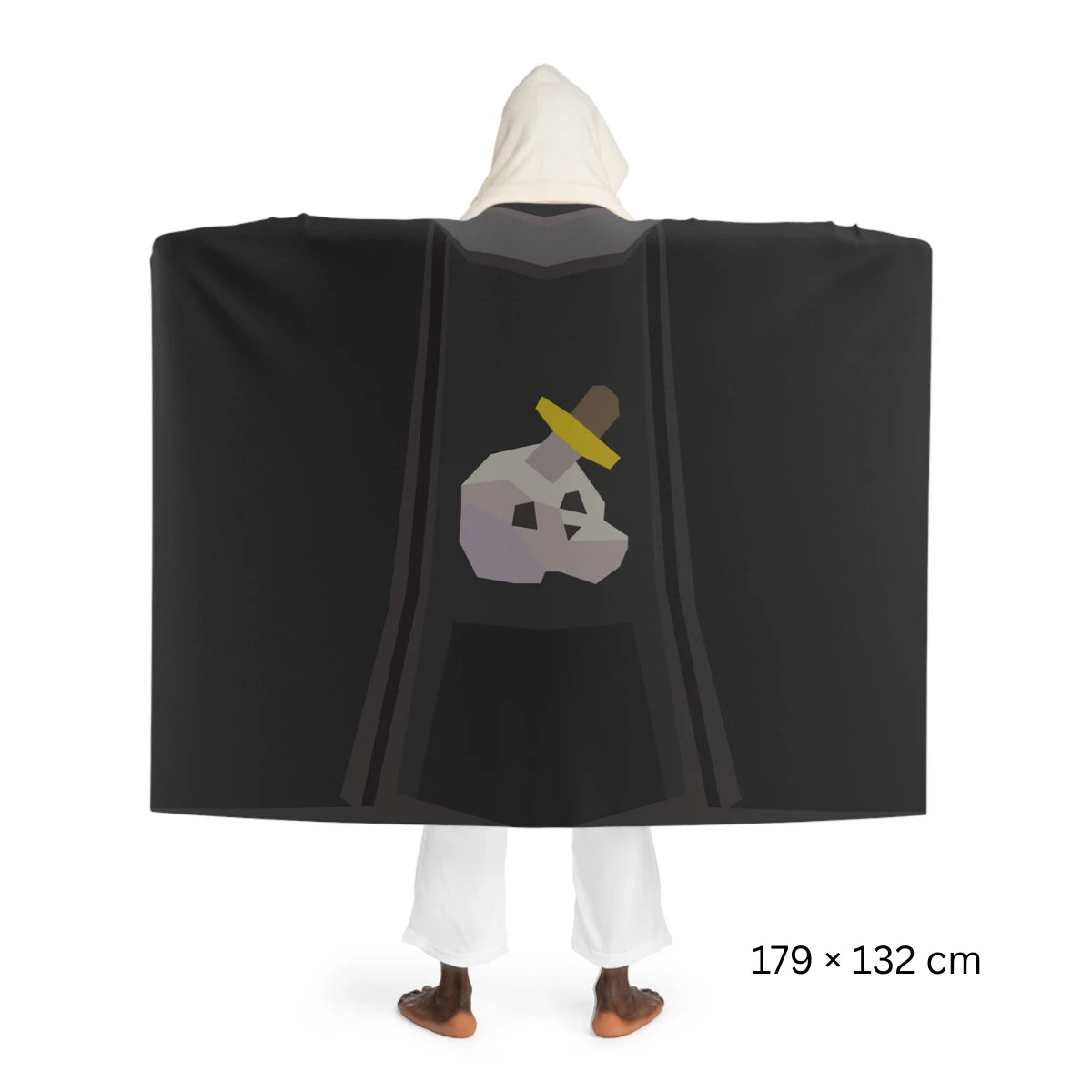 Back view of a Slayer skillcape hooded sherpa fleece blanket, inspired by Old School RuneScape, a cozy OSRS merch blanket and a perfect gift for gamers