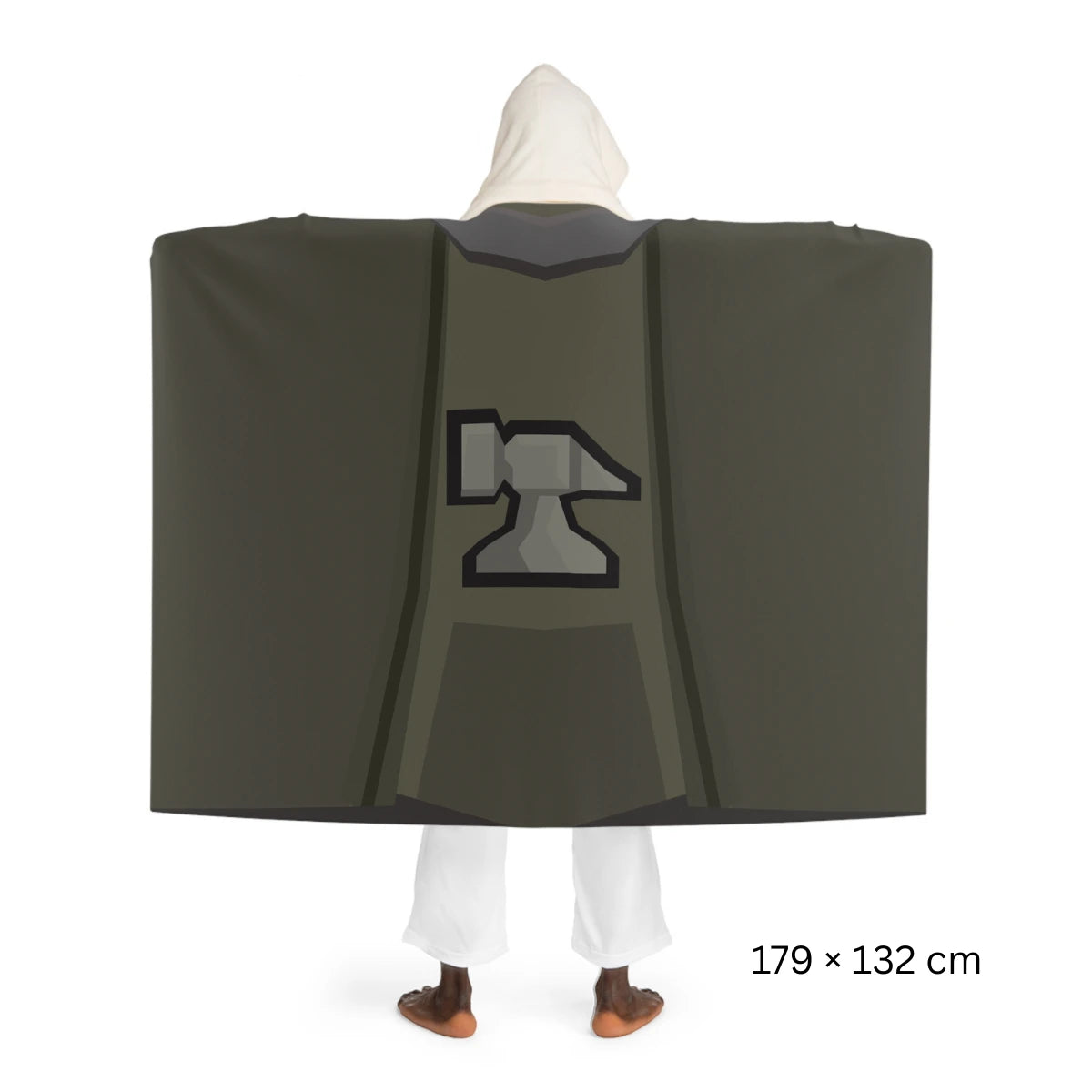 Back view of a Smithing skillcape hooded sherpa fleece blanket, inspired by Old School RuneScape, a cozy OSRS merch blanket and a thoughtful gift for gamers