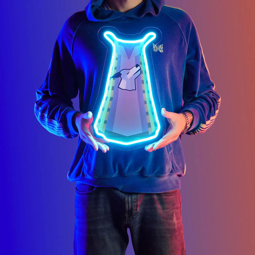 A person proudly displays the OSRS Summoning Skillcape LED neon sign, featuring the iconic Summoning skillcape from the game. This LED neon sign symbolizes the mystical power and ability to summon creatures in Old School RuneScape. A symbol of magical prowess and connection to otherworldly beings, it adds a touch of enchantment to any gaming space. 