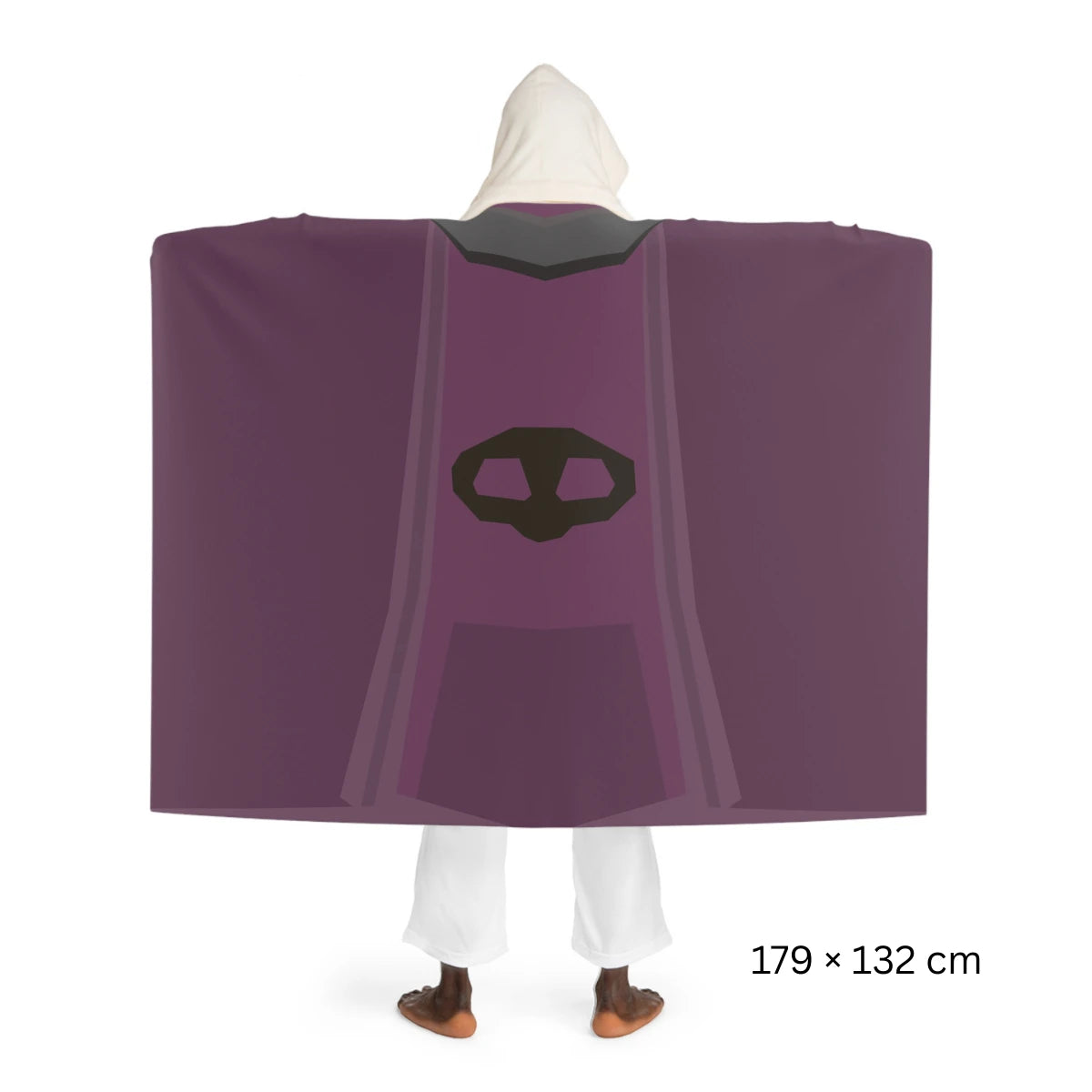 Back view of a Thieving skillcape hooded sherpa fleece blanket, inspired by Old School RuneScape, a cozy OSRS merch blanket and a unique gift for gamers