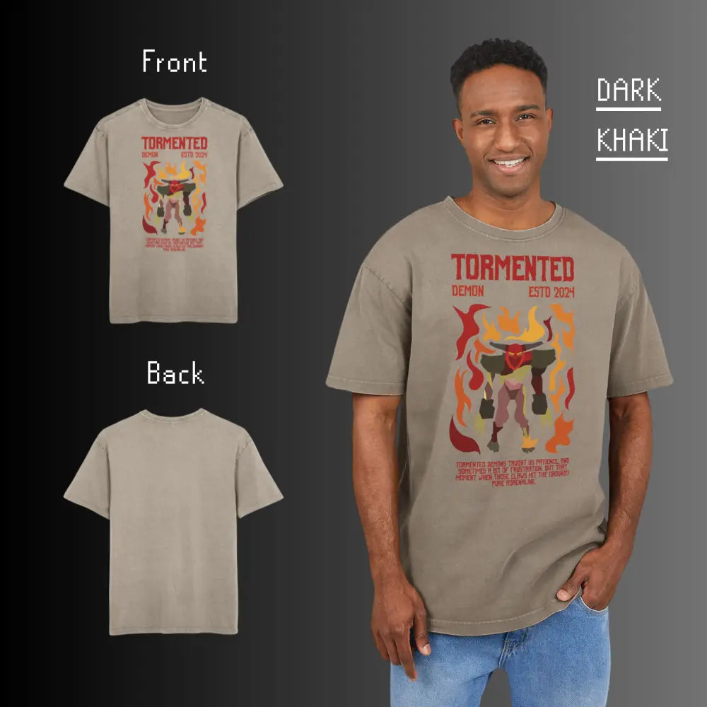 OSRS Tormented Demon acid washed tee in dark khaki – RuneScape boss vintage merch
