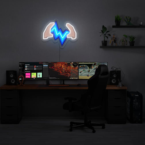 Illuminate your gaming setup with the OSRS Turmoil LED neon sign mounted above a gaming PC. The Turmoil prayer represents the spiritual strength and combat prowess of adventurers in Old School RuneScape. A perfect addition to the room, this LED neon sign enhances the ambiance for OSRS enthusiasts. 