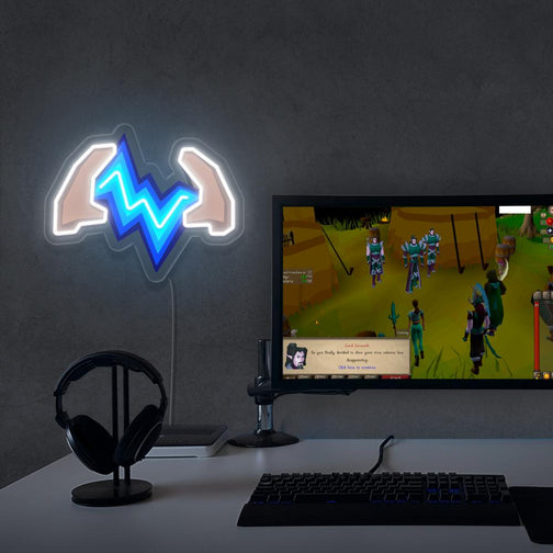 The OSRS Turmoil LED neon sign proudly sits next to a gaming PC, symbolizing the spiritual strength and combat prowess of adventurers in Old School RuneScape. An emblem of determination and spiritual resilience, this LED neon sign adds a touch of power and determination to any gaming space. 