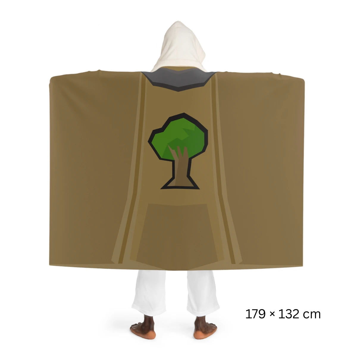 Back view of a Woodcutting skillcape hooded sherpa fleece blanket, inspired by Old School RuneScape, a cozy OSRS merch piece and a unique gift for gamers
