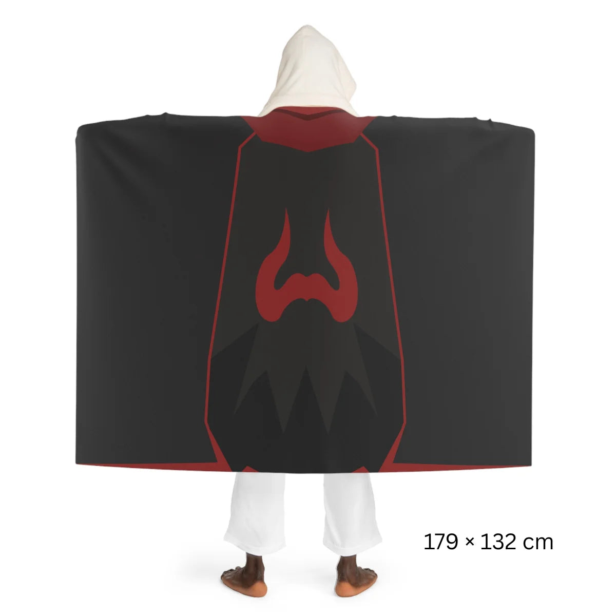 Back view of a Zamorak symbol hooded sherpa fleece blanket, OSRS inspired Old School RuneScape merch blanket and a bold gift for gamers