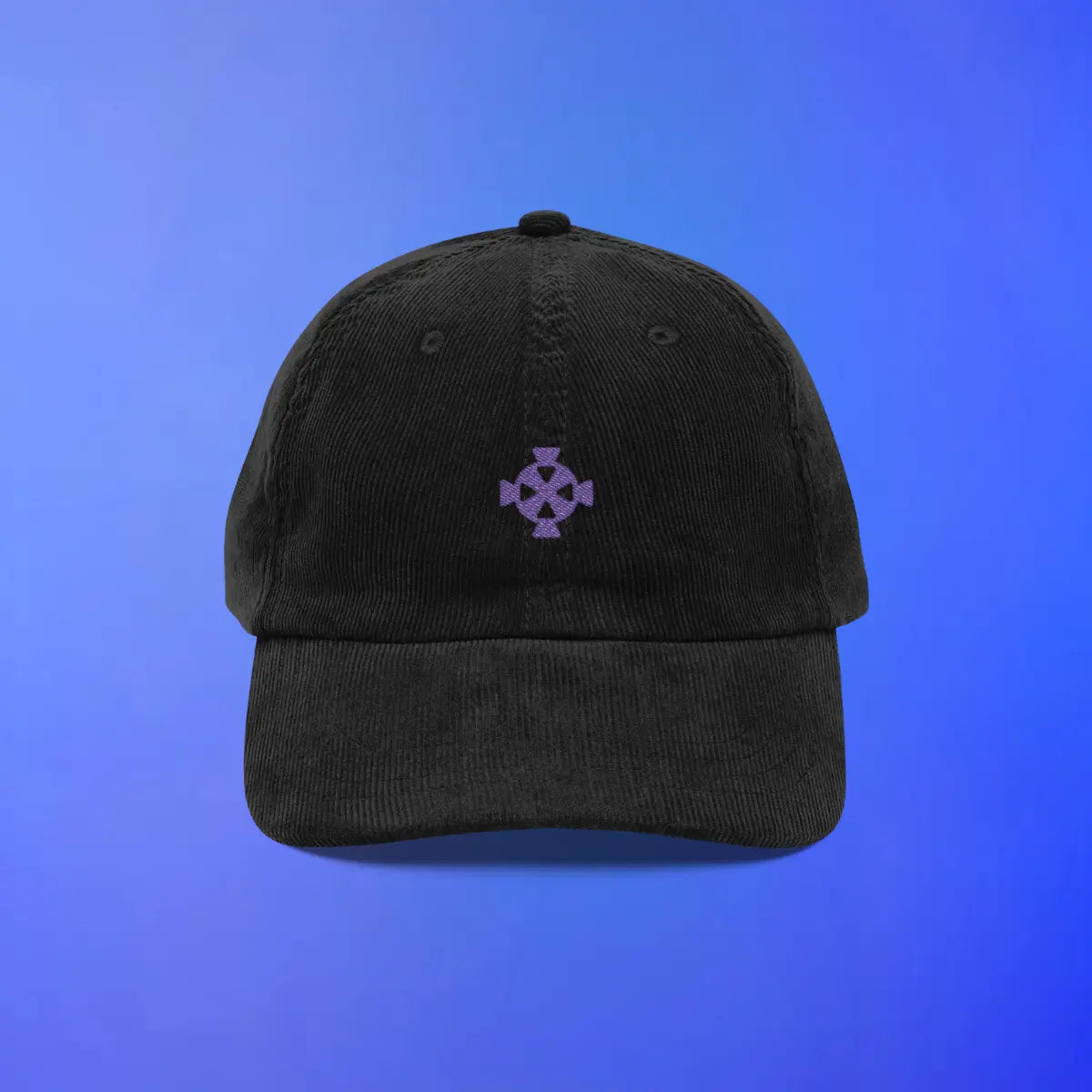 Black corduroy cap with Zaros symbol OSRS embroidery on the front, Old School RuneScape merch cap and a sleek gift for gamers