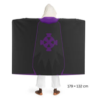 Back view of a Zaros symbol hooded sherpa fleece blanket, OSRS inspired Old School RuneScape merch blanket and a unique gift