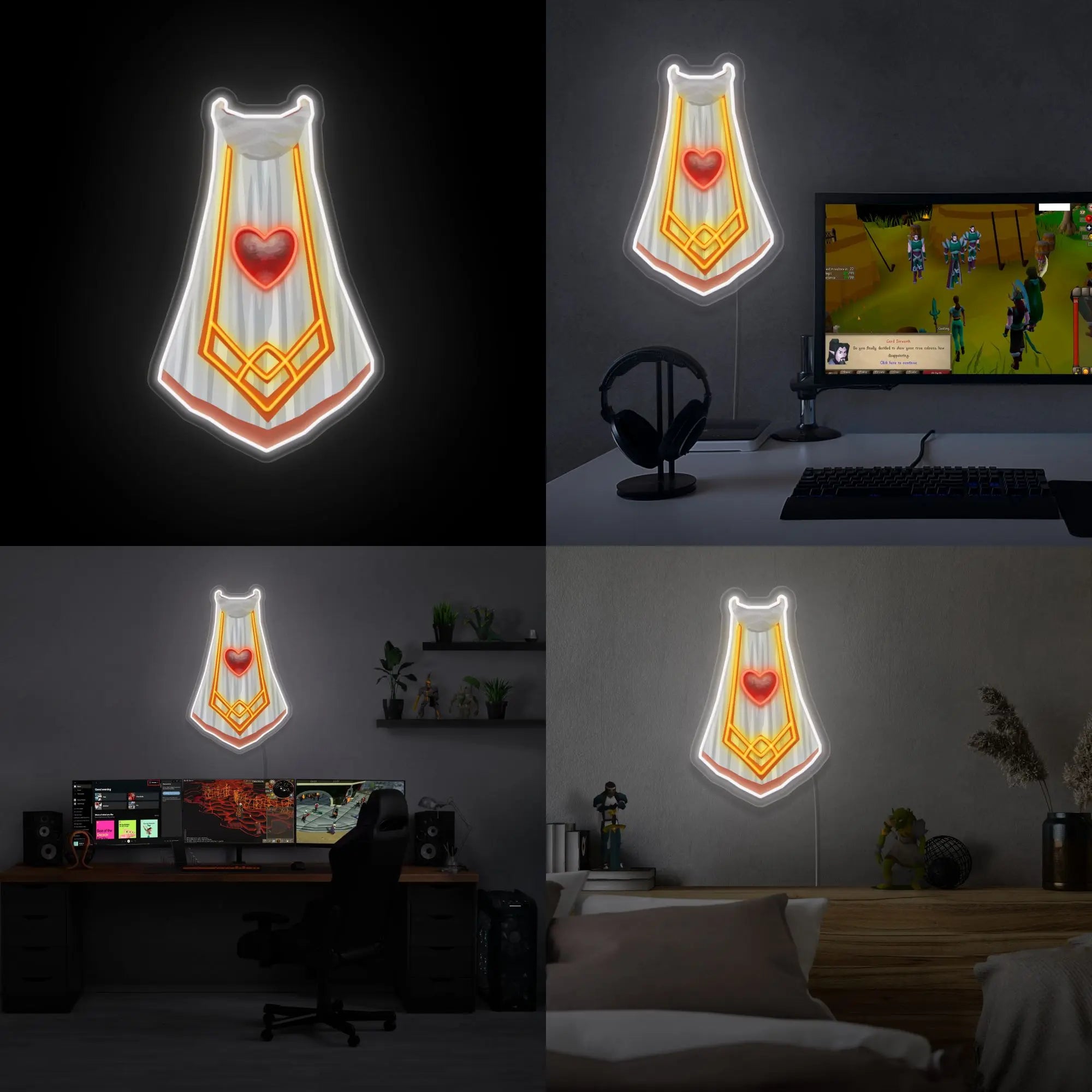 RS3 Constitution Cape LED neon sign (master cape) showcased proudly. This LED neon sign, featuring the Constitution cape from RS3, is perfect for RuneScape fans seeking unique decor pieces that reflect their passion for the game.