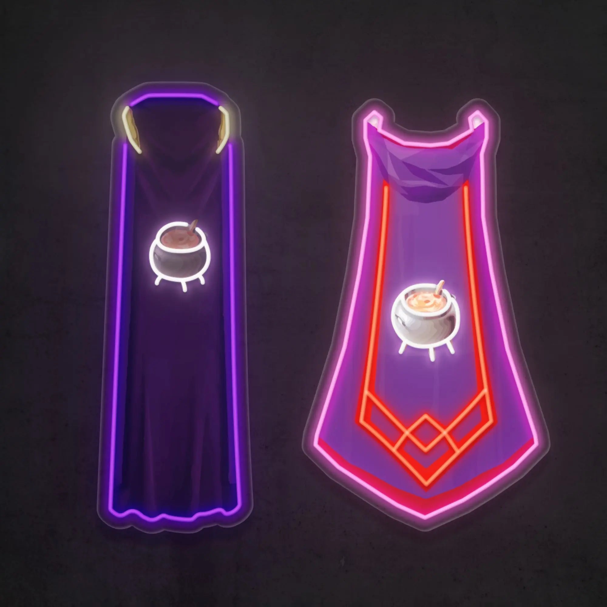 Display of both types of RS3 Cooking Cape LED neon signs (type 