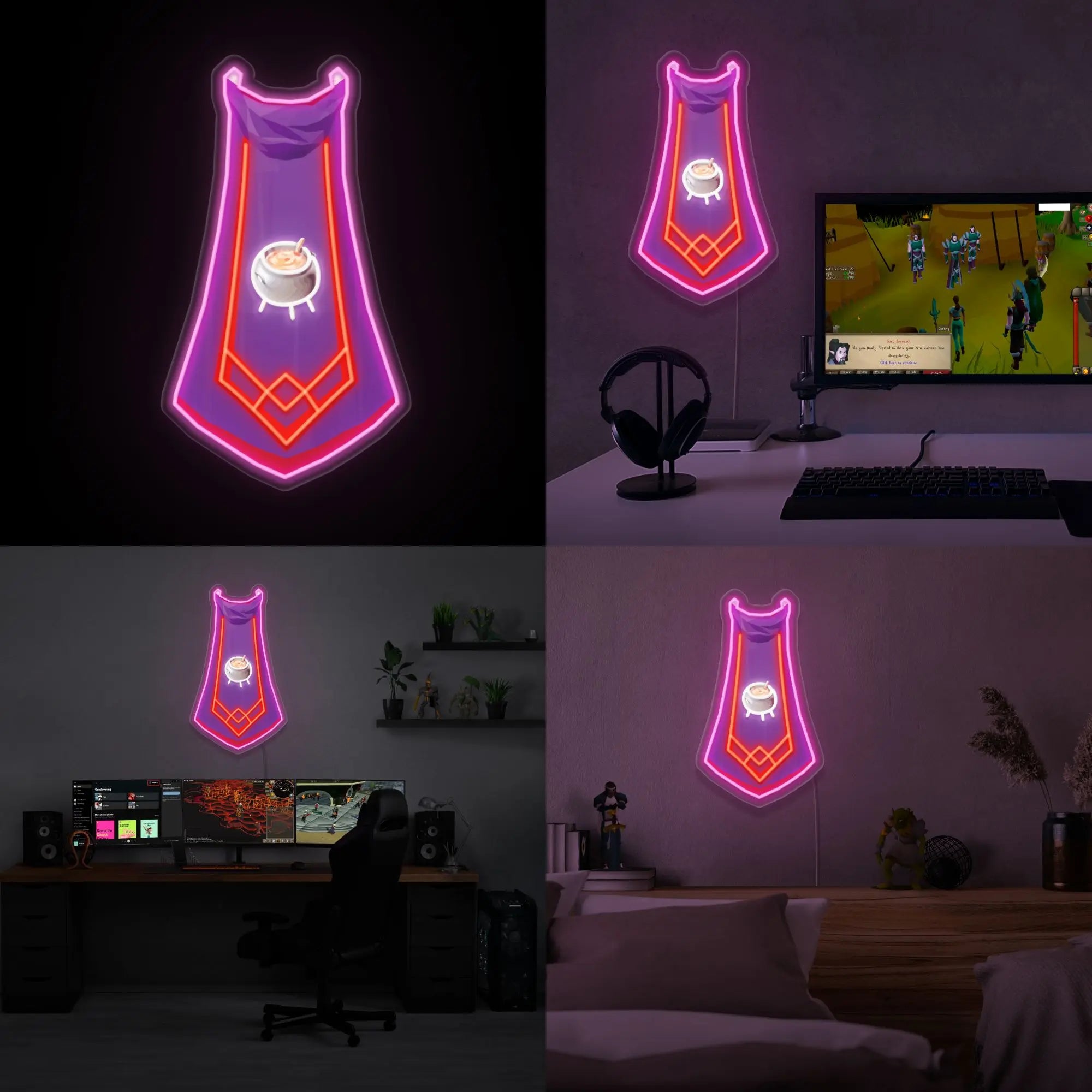 RS3 Cooking Cape LED neon sign (master cape) showcased proudly. This LED neon sign, featuring the Cooking cape from RS3, adds a touch of gaming nostalgia to any space.