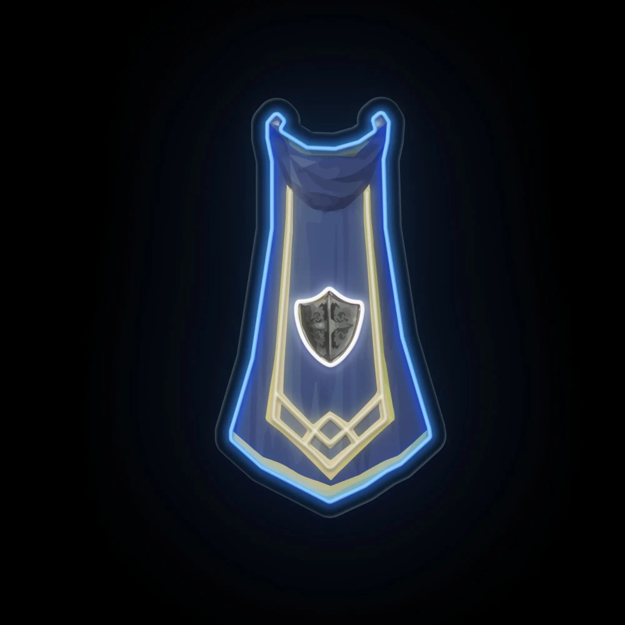 The RS3 Defence Cape LED neon sign (master cape) displayed on its own. Illuminate your gaming space with this LED neon sign, featuring the Defence cape from RS3, perfect for RuneScape fans seeking unique decor pieces that reflect their passion for the game.
