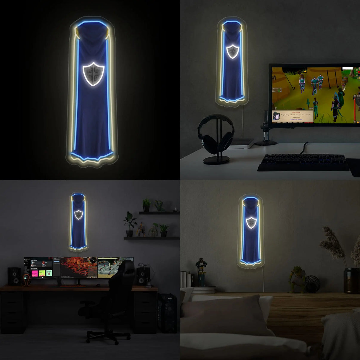 A collage featuring the RS3 Defence Cape LED neon sign (type "t") in four different room settings. This LED neon sign, depicting the Defence cape from RS3, enhances any gaming environment with its vibrant glow.