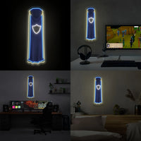 A collage featuring the RS3 Defence Cape LED neon sign (type "t") in four different room settings. This LED neon sign, depicting the Defence cape from RS3, enhances any gaming environment with its vibrant glow.
