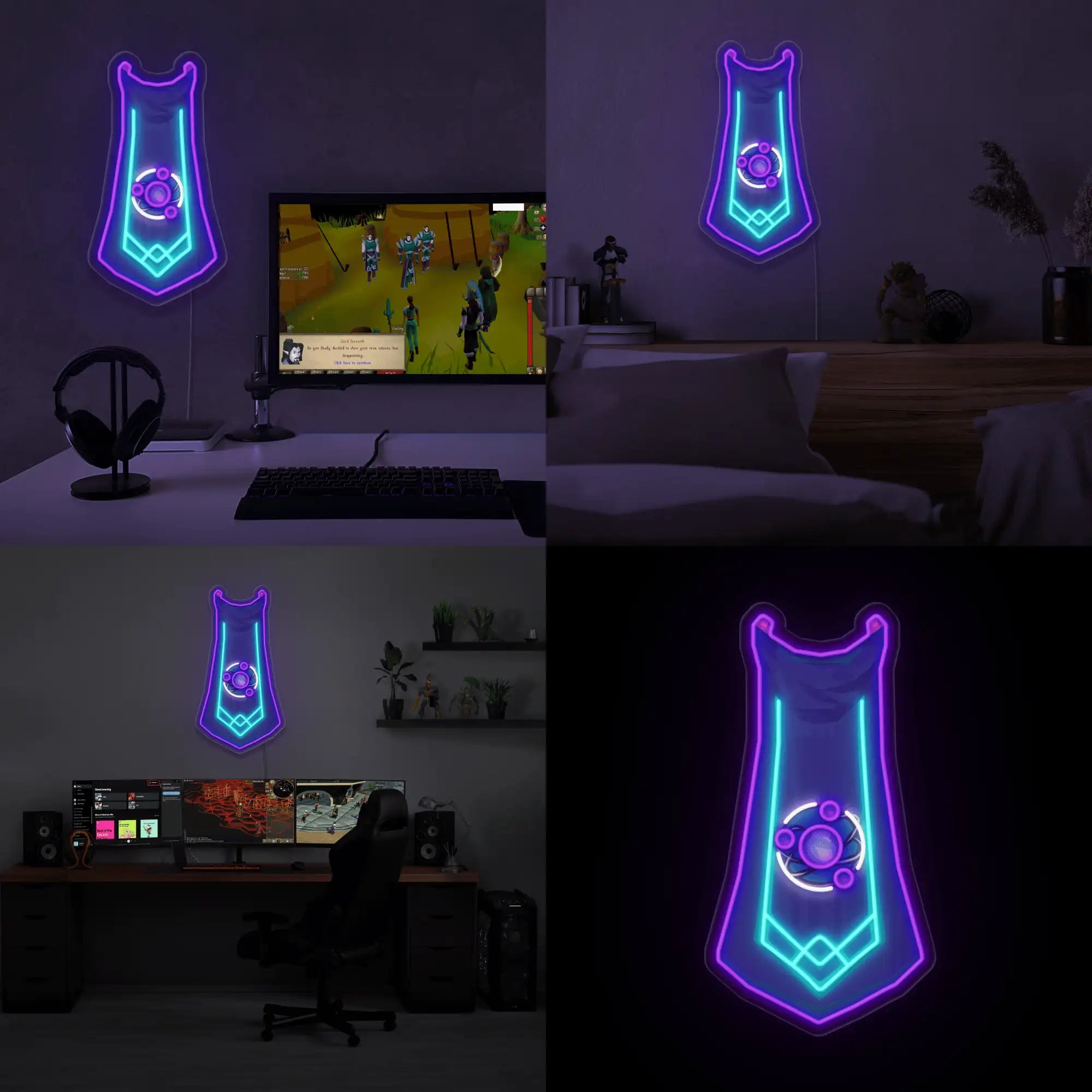 RS3 Defence Cape LED neon sign (master cape) showcased proudly. This LED neon sign, featuring the Defence cape from RS3, adds a touch of gaming nostalgia to any space.