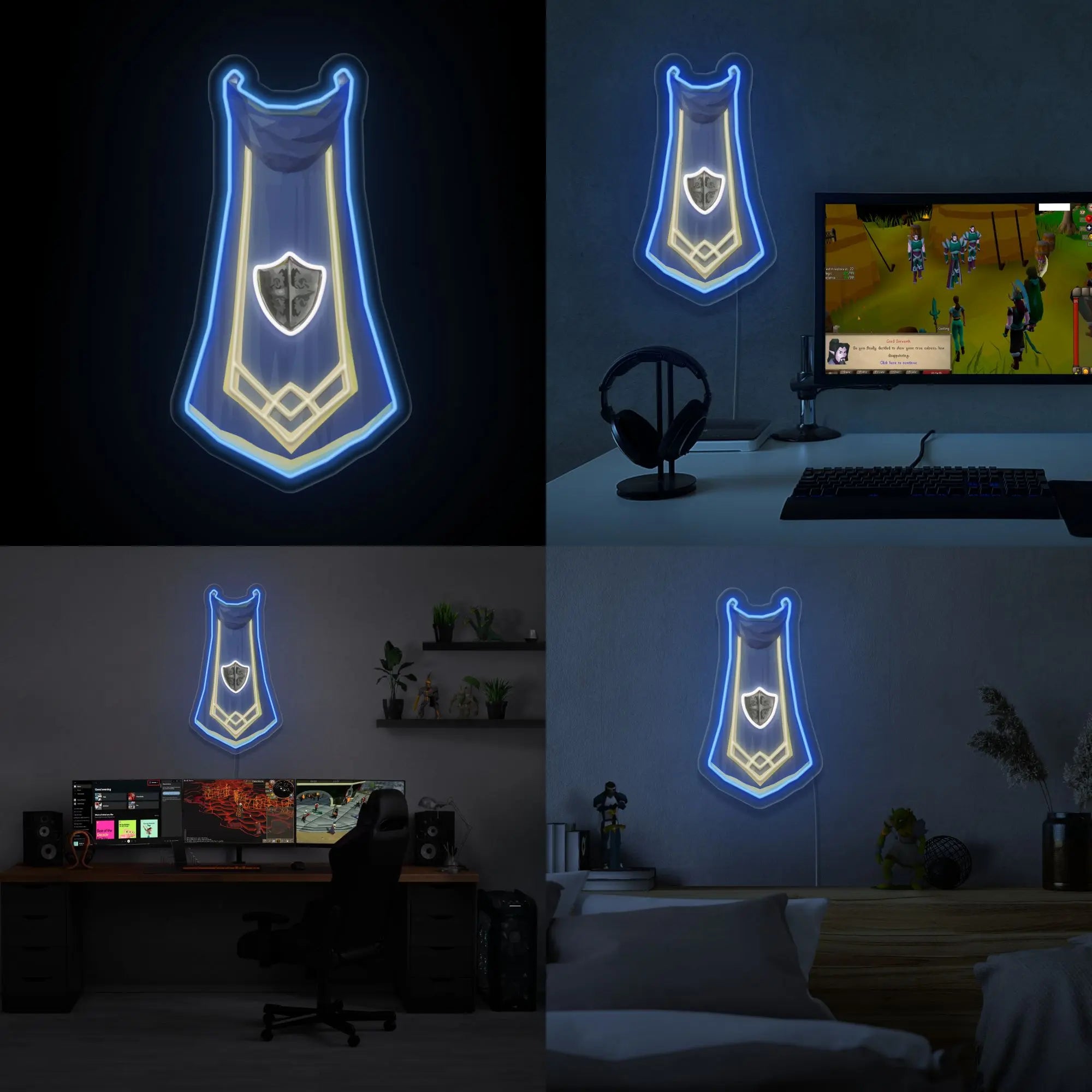 RS3 Defence Cape LED neon sign (master cape) showcased proudly. This LED neon sign, featuring the Defence cape from RS3, adds a touch of gaming nostalgia to any space.