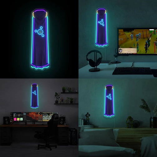 A collage featuring the RS3 Divination Cape LED neon sign (type 